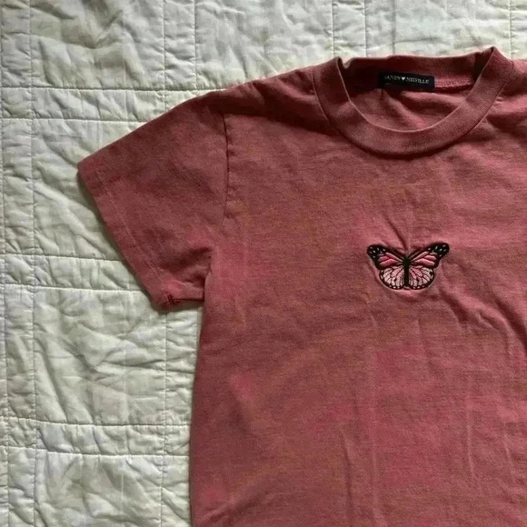 Pink butterfly baby tee brandy Melville womens sz small cotton shirt boho fairy - Picture 2 of 8